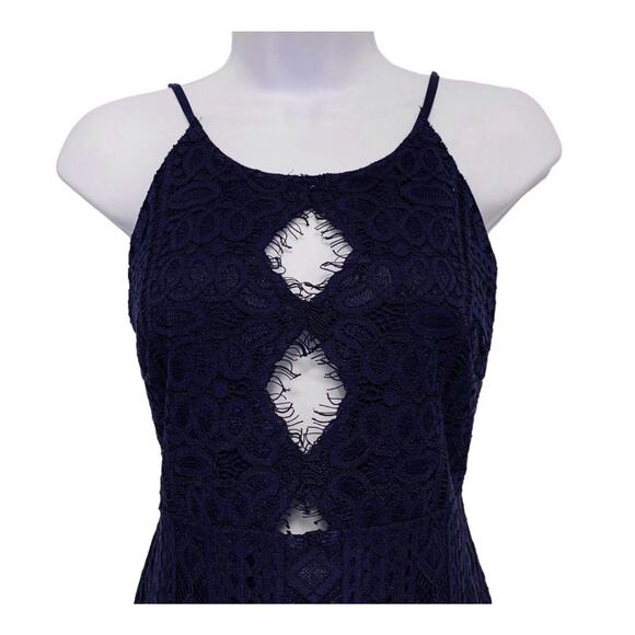 Storia Lace Dress Large Navy Blue Fringe Cut Out Party Club Cocktail Sexy Mini - Picture 9 of 9